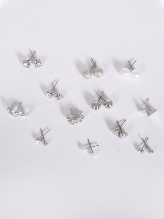 Combo Of 12 Silver Tone Crystal & Pearl Office Wear Fashion Ear Stud Earrings For Women