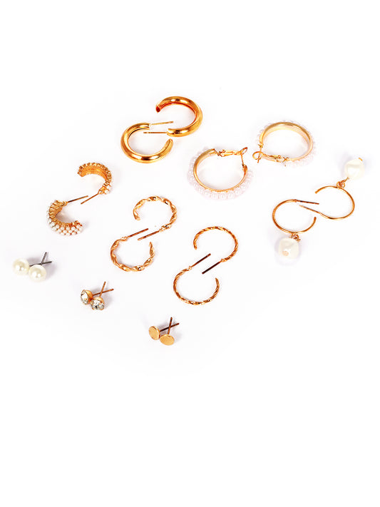 Combo of 6 Gold Tone Pearls and Crystal Fashion Hoop Earrings For Women