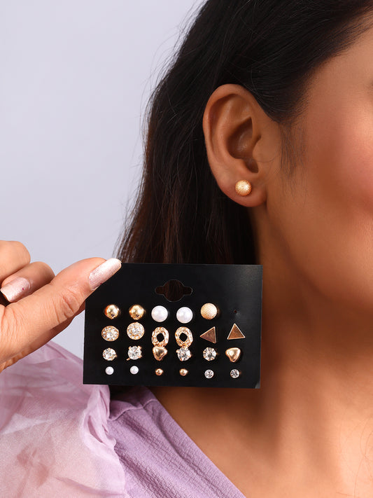 Combo Of 12 Gold Tone Crystal & Pearl Office Wear Fashion Ear Stud Earrings For Women