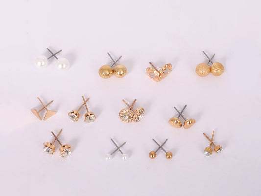 Combo Of 12 Gold Tone Crystal & Pearl Office Wear Fashion Ear Stud Earrings For Women