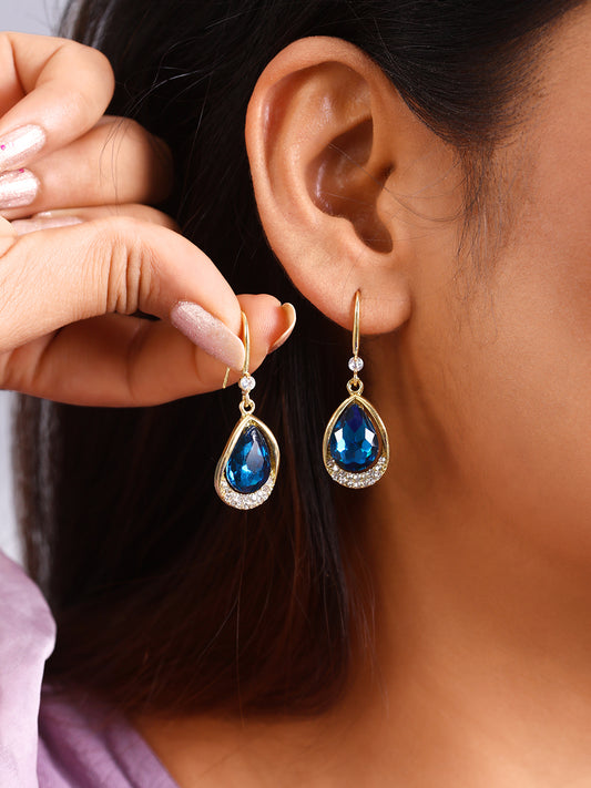 Chimes Gold Toned Blue Stone Studded Drop Earrings For Women